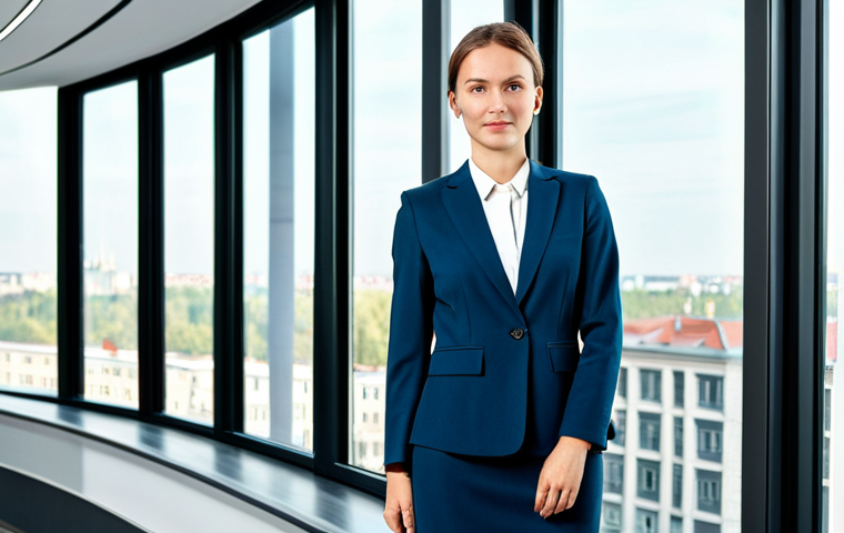**

"A professional businesswoman, fully clothed in a modest, tailored business suit, standing confidently in a bright, modern office space with large windows overlooking Warsaw. Appropriate attire, safe for work, perfect anatomy, natural proportions, professional portrait photography, high quality."

**